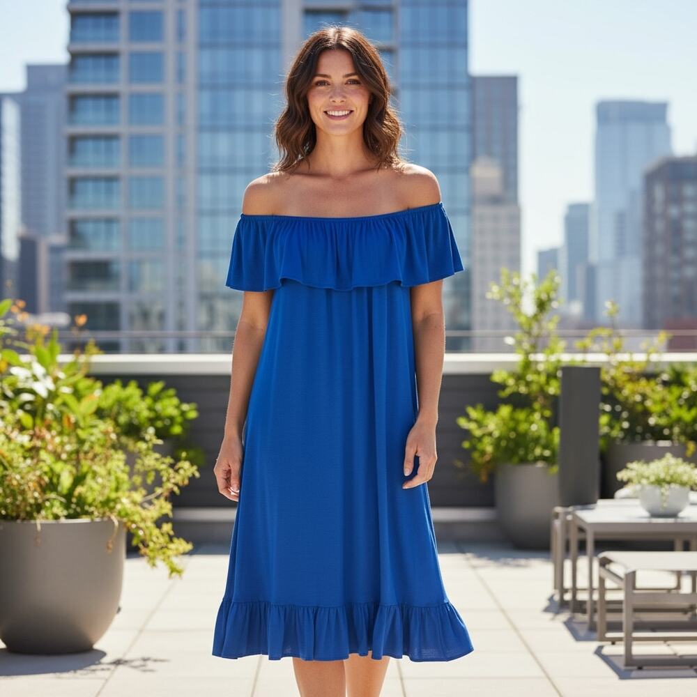 Slinky Brand dress 1X off shoulder tiered ruffle hem shift stretch travel blue